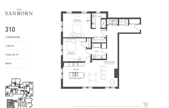 2 beds, 2 baths, 1,308 sqft, $2,995, Unit 310