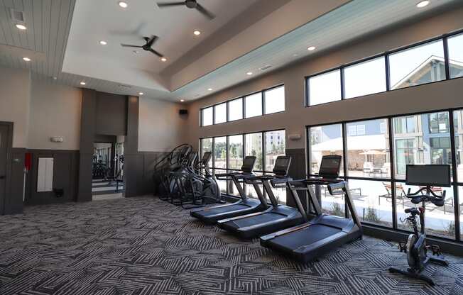 a gym with cardio equipment and windows at the district flats apartments at The Crest at Acworth, Acworth, GA