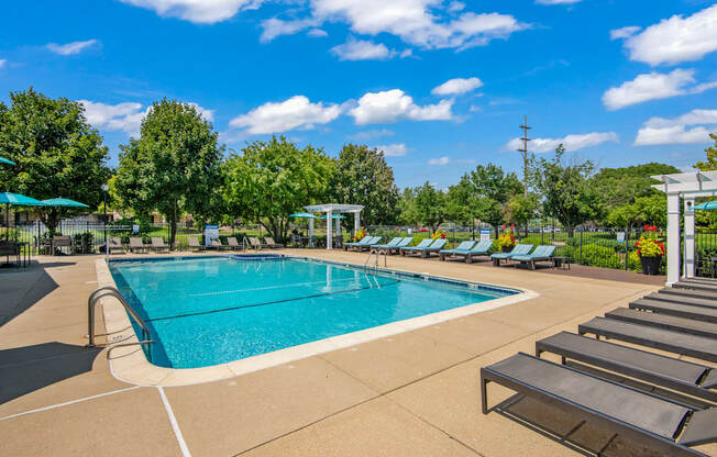 A large outdoor swimming pool surrounded by sun loungers and trees.