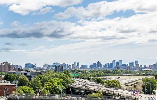 A cityscape with a bridge and a highway.