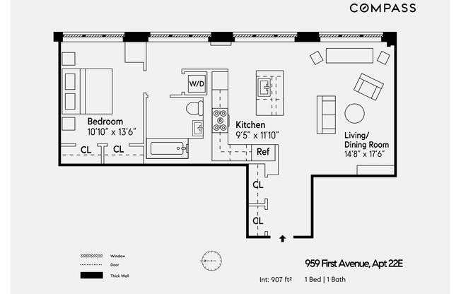 1 bed, 1 bath, 907 sqft, $6,800, Unit 22E