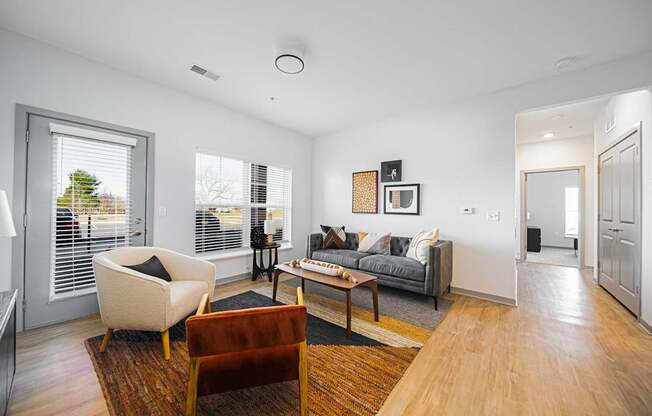 A living room with a couch, chair, and rug.