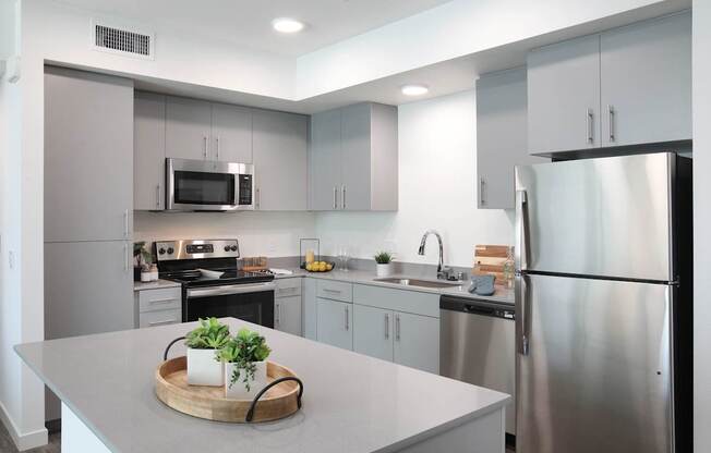 A modern kitchen with a stainless steel refrigerator and a wooden tray with two potted plants on the counter.
