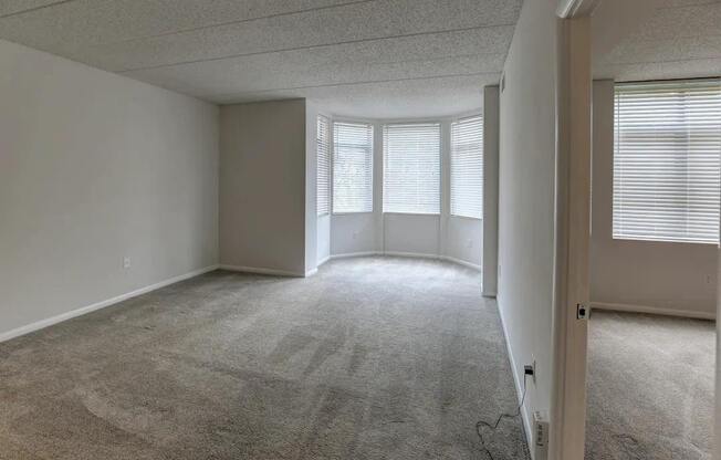 an empty living room with a large window and carpet