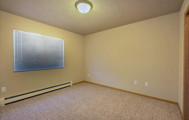 a bedroom with a window and carpet. Fargo, ND East Bridge Apartments