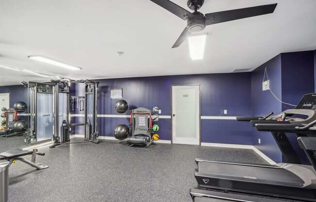 a gym with weights and a ceiling fan