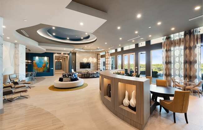 A modern living room with a curved ceiling and a fireplace.