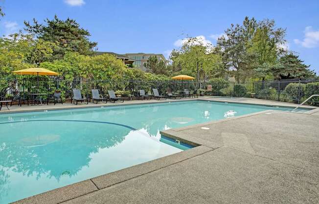 Lakeside outdoor pool and lounge chairs, Dean Weidner Real Estate Apartments in Mountlake Terrace, WA