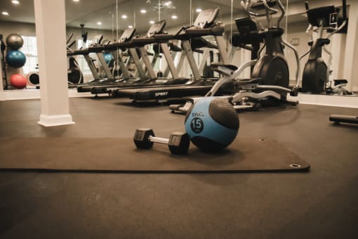 a dumbbell on the floor of a gym