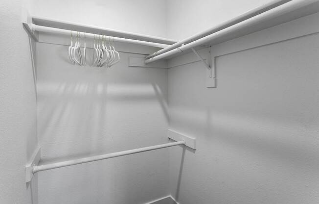 Empty white shelves with hangers.
