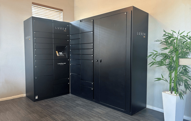 A LUXER branded storage unit is in a room with a plant.