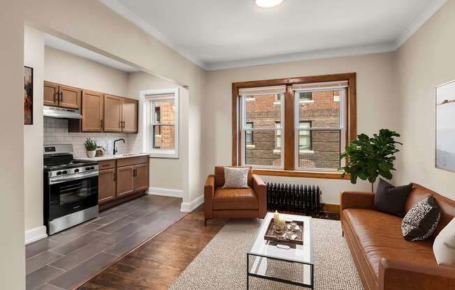 a living room with a couch and a table