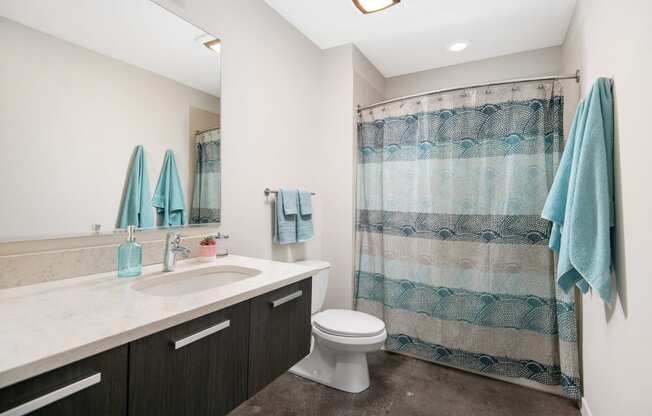 a bathroom with a shower and a sink and a toilet
