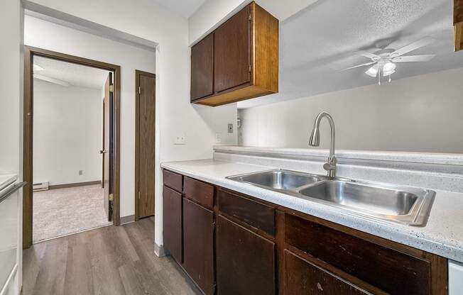 A kitchen with a sink and wooden cabinets.