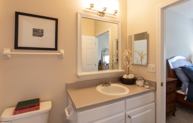This is a photo of the bathroom in the 2 bedroom, 2 bath Islander floor plan at Nantucket Apartments in Loveland, OH.