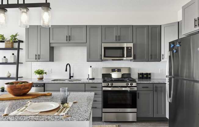 a kitchen with gray cabinets and stainless steel appliances