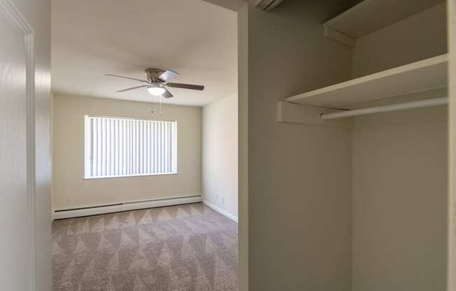 This is a photo of one of the two the bedroom closets in the 631 square foot, B-style (Ranch) 1 bedroom/1 bath floor plan at Colonial Ridge Apartments in the Pleasant Ridge neighborhood of Cincinnati, OH.