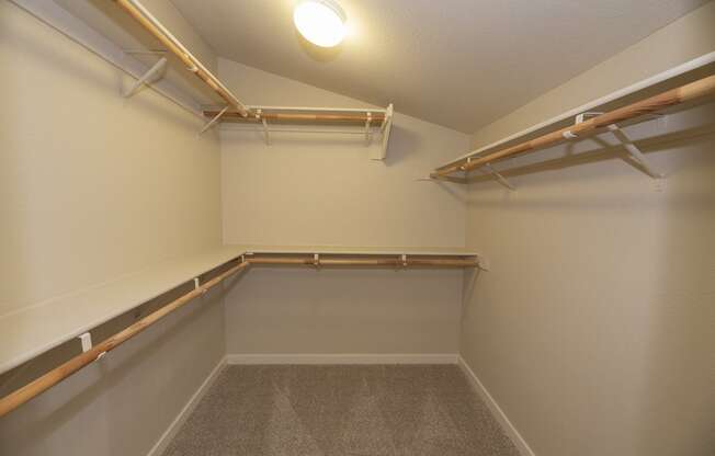 a spacious walk in closet with shelves and a light