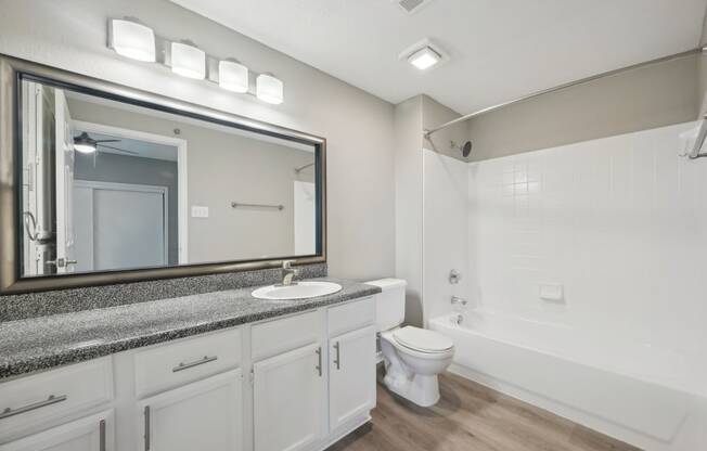 a bathroom with a large mirror and a toilet and a sink