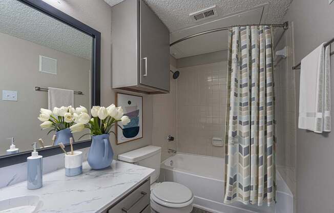 A bathroom with a white toilet, a sink, a mirror, and a shower.