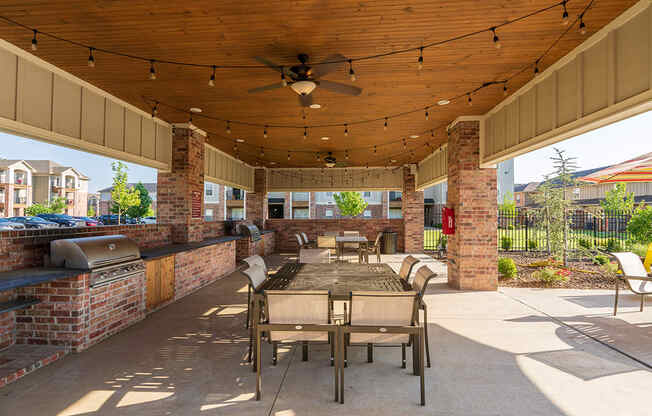BBQ and Picnic Area with String Lights and Ceiling Fans