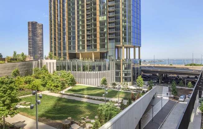 a view of a building and a park with skyscrapers at North Harbor Tower, Chicago, IL