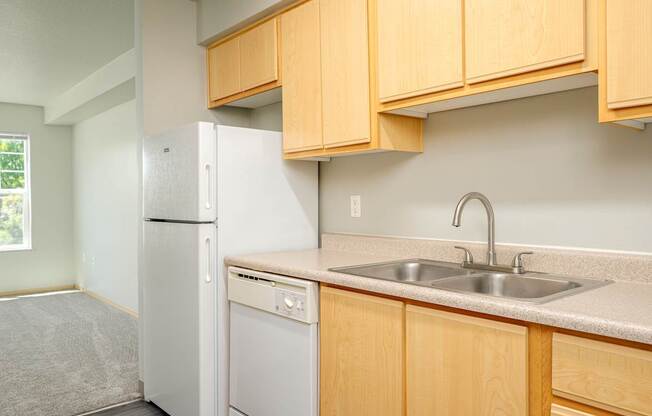 A kitchen with a white refrigerator and a white dishwasher.