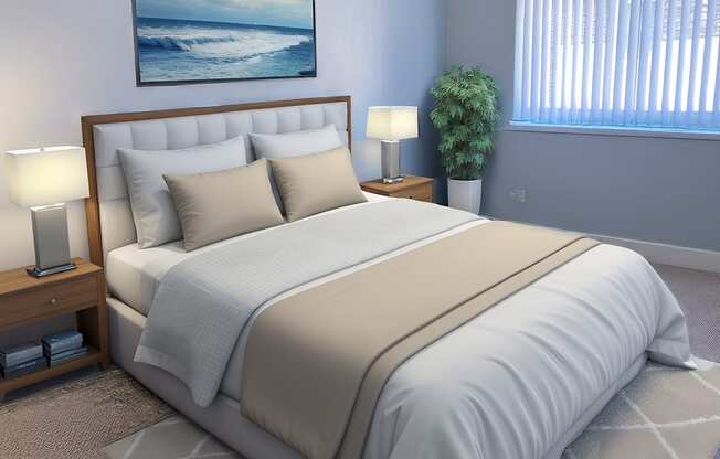 A bedroom with a large bed and a painting on the wall.