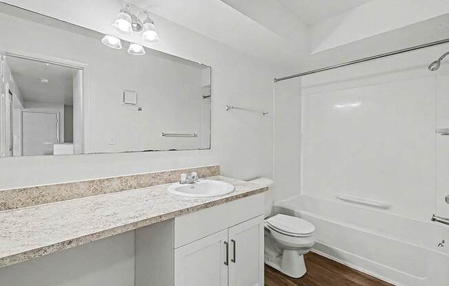 An upgraded bathroom with a sink, mirror, and bathtub at Trappers Cove Apartments, Lansing, Michigan
