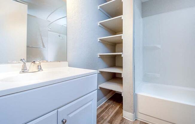 Bathroom sink and shelves near shower  l Forest Glenn Apartments