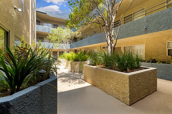 two pictures of a building with plants in front of it at NOHO GALLERY Apartments, North Hollywood 