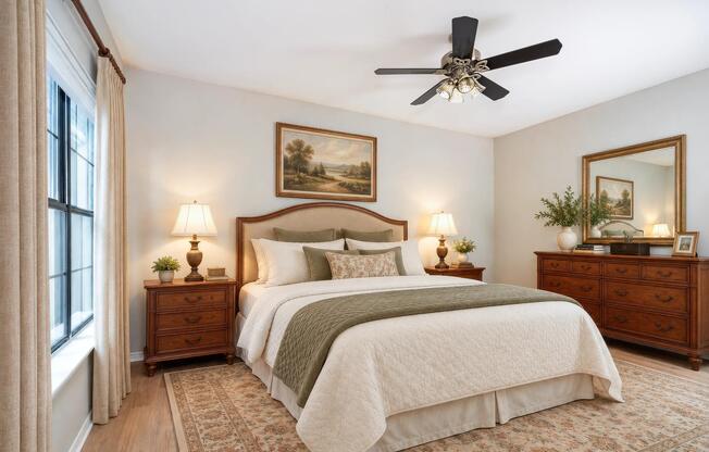 Bedrooms with 9-foot ceilings, oversized windows, and ceiling fans.