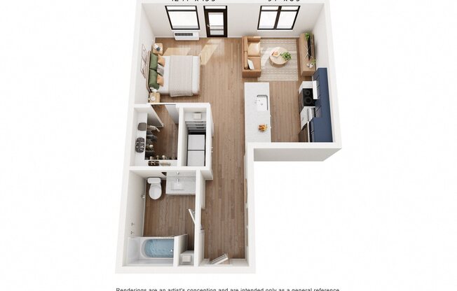 a stylized floor plan with a bedroom and a living room