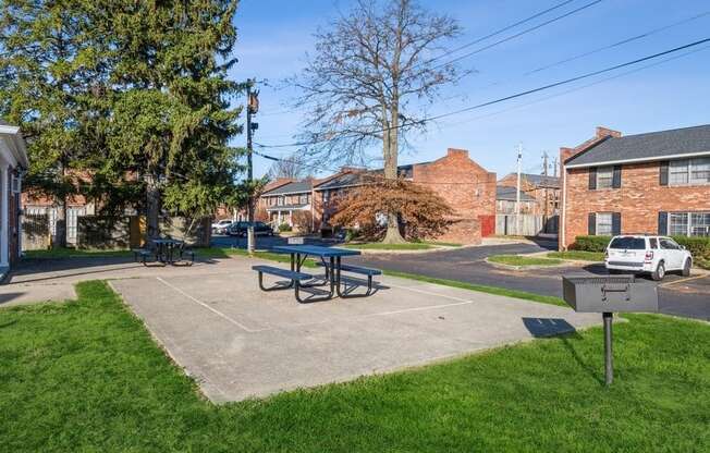 a picnic area with a picnic table and a grill