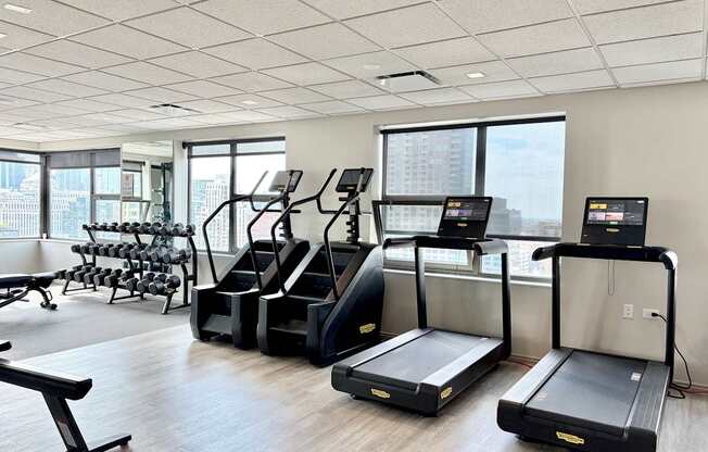 A gym with treadmills, elliptical machines, and weights.