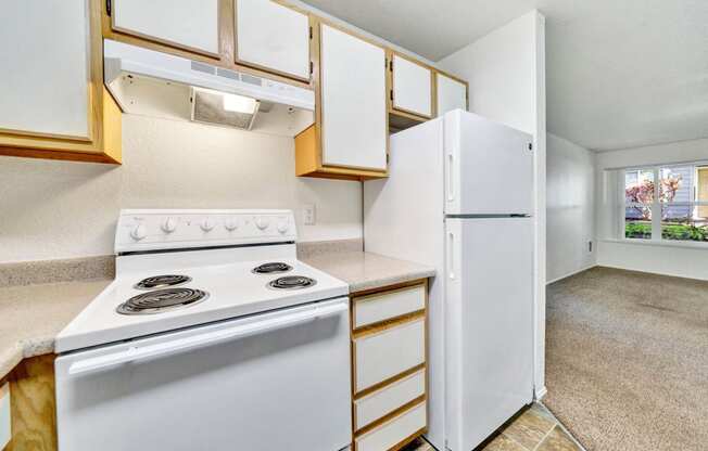 a kitchen with a white stove and a refrigerator