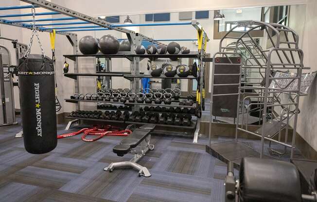 Wynnwood Vinings Atlanta fitness room with weights and a punching bag