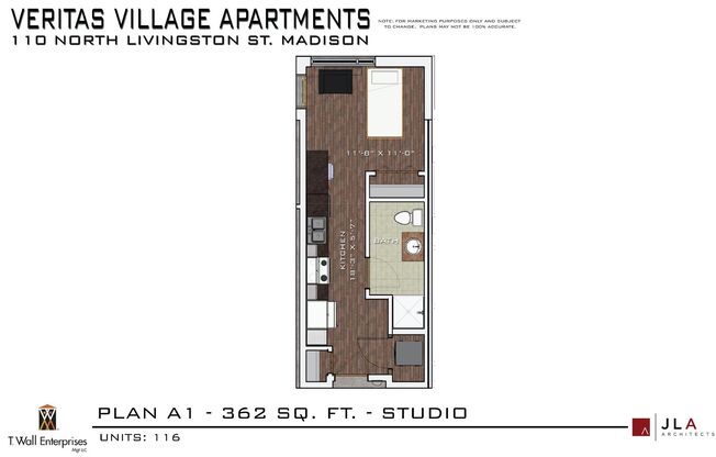 Studio, 1 bath, 362 sqft, $1,329, Unit 116