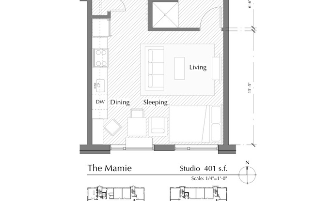 Studio, 1 bath, 401 sqft, $1,450, Unit #105