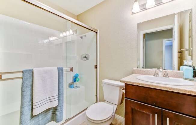 A bathroom with a toilet, sink, and shower.