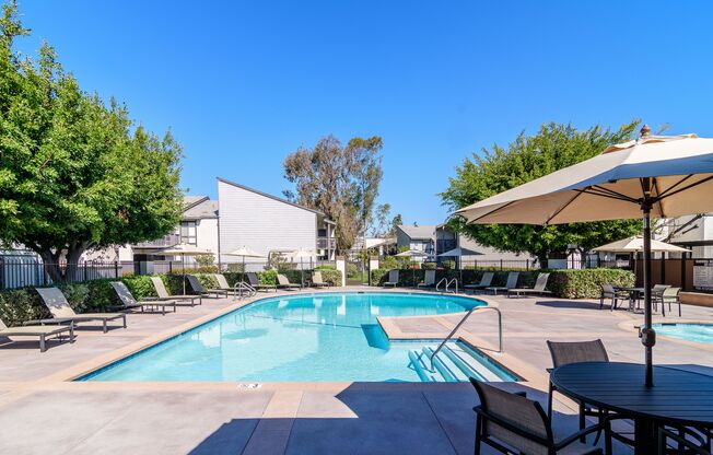 A pool surrounded by chairs and umbrellas.