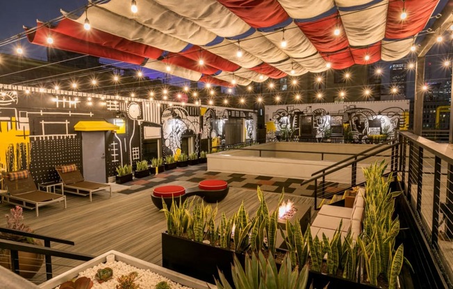 Pet Friendly Apartments in Downtown LA - Santa Fe Lofts - Rooftop Terrace with Fire Features, Lounge Area, BBQ Area, and Panoramic Views of the City