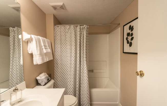 This is a photo of the bathroom of the 890 square foot 2 bedroom, 2 bath Liberty at Washington Place Apartments in in Miamisburg, Ohio in Washington Township.