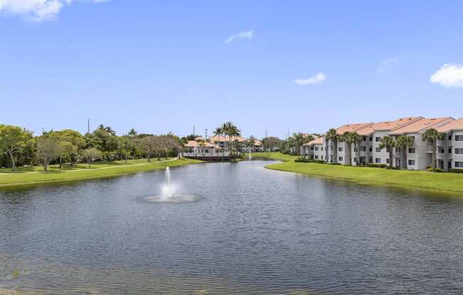 a large pond with a fountain in the middle of it