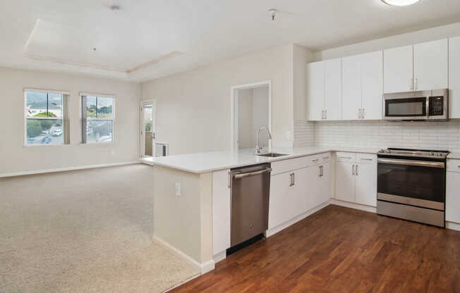Kitchen with Stainless Steel Appliances and Carpeted Living Room