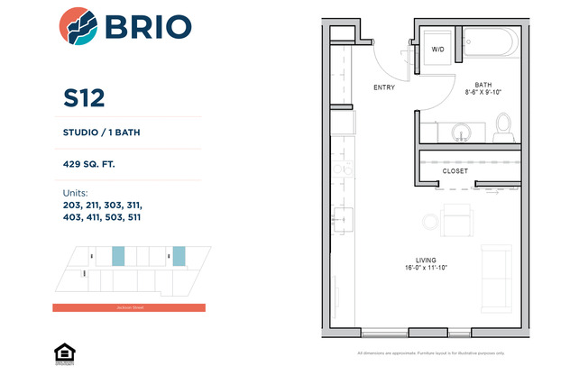 Studio, 1 bath, 429 sqft, $1,260, Unit 303