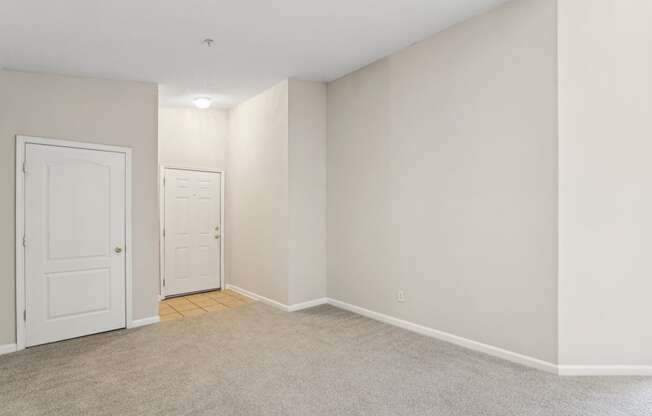 an empty room with white walls and a door to a closet