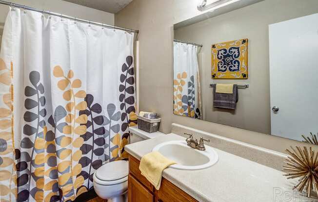 a bathroom with a shower curtain and a sink