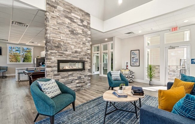 Community lounge space with fireplace