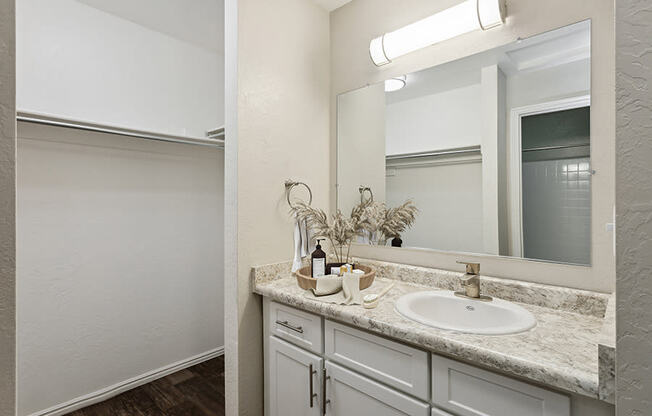 Model Bathroom with White Cabinets, Wood-Style Flooring & Closet at Broadmoor Village Apartments in Salt Lake City, UT.